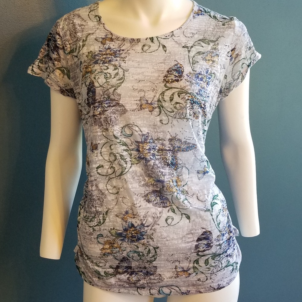 Butterfly textured sequined ruched top